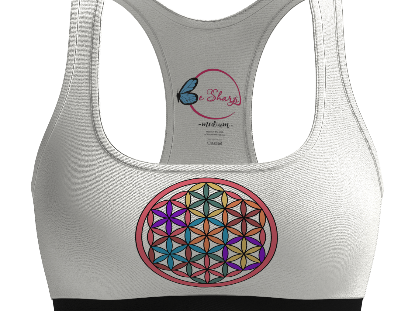 Close-up of Mandala Magic sports bra and leggings with fabric markers for coloring designs