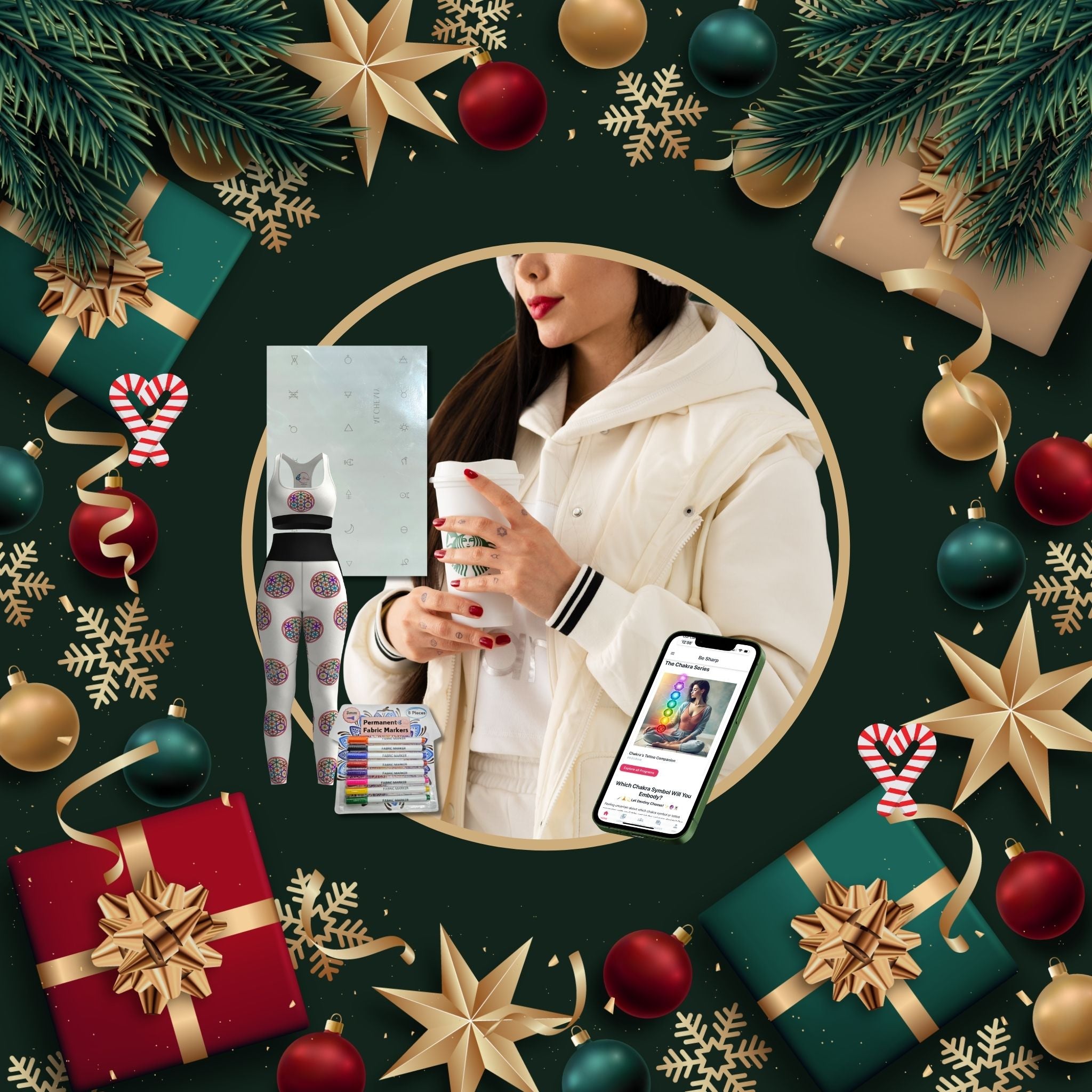 Woman holding a cup surrounded by the Transformation Box holiday gift set, including mindful activewear, tattoos, and companion app, with Christmas decorations and wrapped presents.